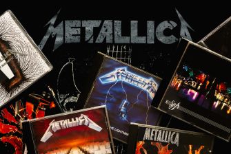 Collage of Metallica album covers with the band's logo in the center.