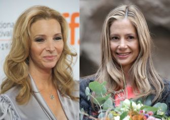 Photo of two women, Lisa Kudrow and Mira Sorvino, smiling at different events.