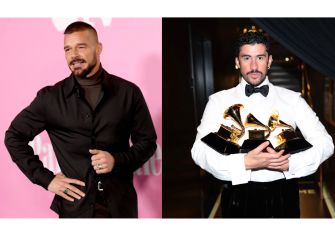 A split image featuring Ricky Martin on the left and Bad Bunny on the right, the latter holding three Grammy Awards.
