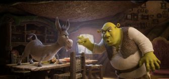 Donkey and Shrek engaged in a conversation in a cozy setting from the animated franchise.