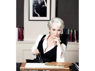 Meryl Streep portraying Miranda Priestly in a stylish office setting.
