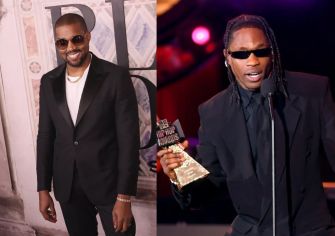 Kanye West and Travis Scott at an event, both wearing sunglasses and stylish outfits.