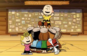 Charlie Brown and his friends gathered in a cheerful scene at Cloverhill Ranch, showcasing the Peanuts characters in an animated setting.