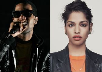 Image of Kid Cudi performing on stage and M.I.A. posing for a portrait.
