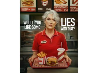 A satirical image of a character resembling a fast-food worker holding a tray with a burger and fries, featuring the text "Would you like some lies with that?"