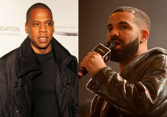 Image of Jay-Z and Drake discussing the ongoing feud between Drake and Kendrick Lamar, highlighting Jay-Z's reflections on the role of rap battles in hip-hop today.