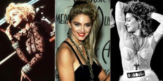 Collage of Madonna at different stages of her career, showcasing her evolving fashion and persona over the years.