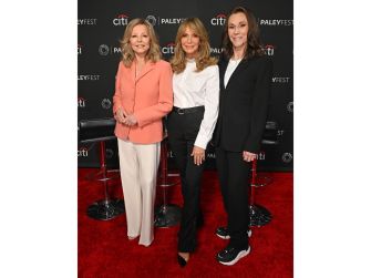 Original cast members of 'Charlie’s Angels,' Kate Jackson, Jaclyn Smith, and Cheryl Ladd, pose together at PaleyFest to celebrate the show's 50th anniversary.