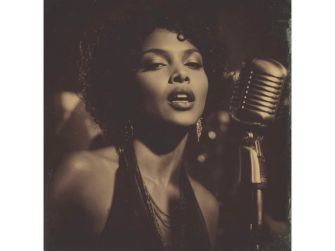 A sepia-toned image of a woman with curly hair singing into a vintage microphone, evoking a neo-soul aesthetic.