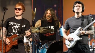 Collage of Ed Sheeran, Dave Grohl, and John Mayer performing on stage.