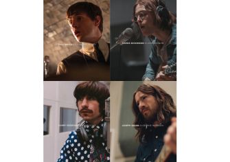 Promotional image featuring the actors portraying the Beatles: Paul Mescal as Paul McCartney, Harris Dickinson as John Lennon, Joseph Quinn as George Harrison, and Barry Keoghan as Ringo Starr.