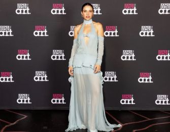 Charlotte MacInnes posing in a flowing light blue gown at an art event.