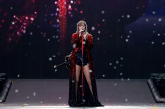 Taylor Swift performing on stage in a sparkling outfit.