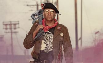A man dressed in punk-inspired clothing, wearing a beret and glasses, holds an electric guitar over his shoulder amidst a gritty urban backdrop.