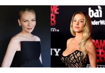 Kirsten Dunst and Sydney Sweeney posing for promotional images related to their film projects.