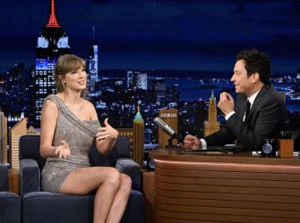 Taylor Swift during her interview with Jimmy Fallon on 'The Tonight Show,' discussing Super Bowl rumors and engagement.