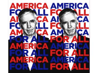 A graphic featuring a man in a suit with the phrase "AMERICA FOR ALL" repeated in red and blue, symbolizing a political campaign.