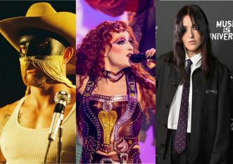 A collage of musicians, including a masked performer in a cowboy hat, a performer in vibrant makeup and costume, and another artist dressed in a black outfit with a tie, symbolizing the impact of recent controversies in the music industry.
