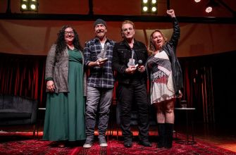 Bono and the Edge of U2 accept the Woody Guthrie Prize, celebrating the legacy of protest music alongside event organizers.