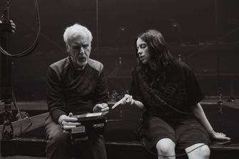 Billie Eilish and James Cameron collaborating on the set of the concert film "Hit Me Hard and Soft: The Tour (Live in 3D."