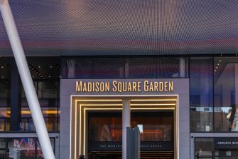 Exterior view of Madison Square Garden, a prominent entertainment venue in New York City.
