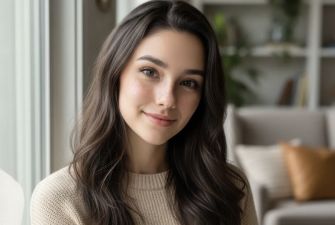 A young woman with long, wavy hair smiles warmly while sitting indoors, surrounded by a cozy, well-lit environment.