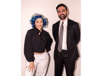 Cardi B and Zohran Mamdani posing together, promoting the New York City childcare campaign.