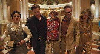 A scene from the second season of The Studio featuring five characters in a dramatic moment.