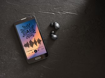 A smartphone displaying an AI-themed music interface alongside wireless earbuds on a textured surface.