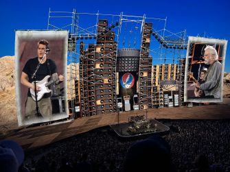 John Mayer and Bob Weir on large video displays at the Las Vegas Sphere