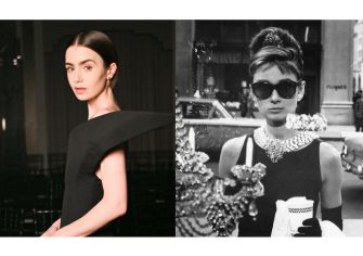 Lily Collins in a black dress alongside a classic image of Audrey Hepburn in 'Breakfast at Tiffany's'.