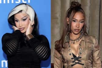 Image of two female artists posing separately at events, one with distinctive black and white hair and the other in a stylish outfit.