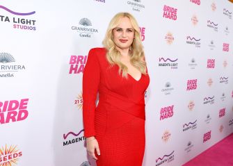 Rebel Wilson posing on the red carpet at a film event, wearing a striking red dress.