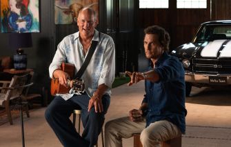Matthew McConaughey and Woody Harrelson sitting together in a casual setting, with one holding an acoustic guitar, appearing relaxed and engaged in conversation.