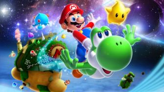 Illustration of Mario and Yoshi soaring through space, surrounded by colorful stars and small creatures, showcasing a vibrant cosmic adventure theme.