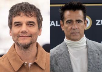 Image of actors Wagner Moura and Colin Farrell at an event promoting their upcoming film adaptation of the stage play "Art."